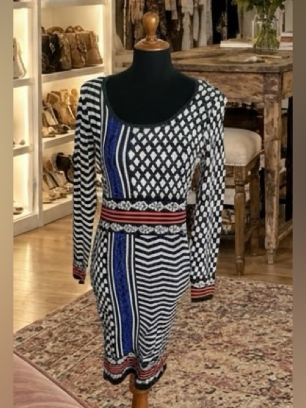 Tracy Reese Chevron Knit Sweater Dress Geometric Tribal Long Sleeve Bodycon